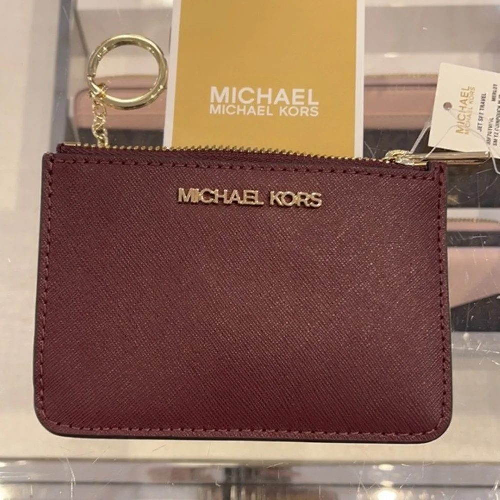 Michael Kors Jet Set Travel Small Leather Top Zip Coin Pouch With ID